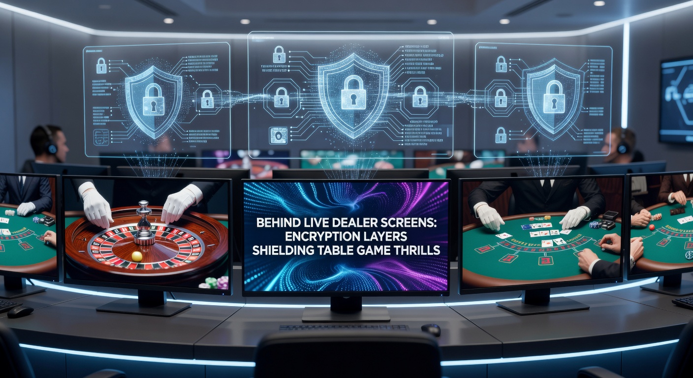 Detaillierte Darstellung von Verschlüsselungsschichten um ein Live-Roulette-Rad, mit Symbolen für TLS, AES und HSMs